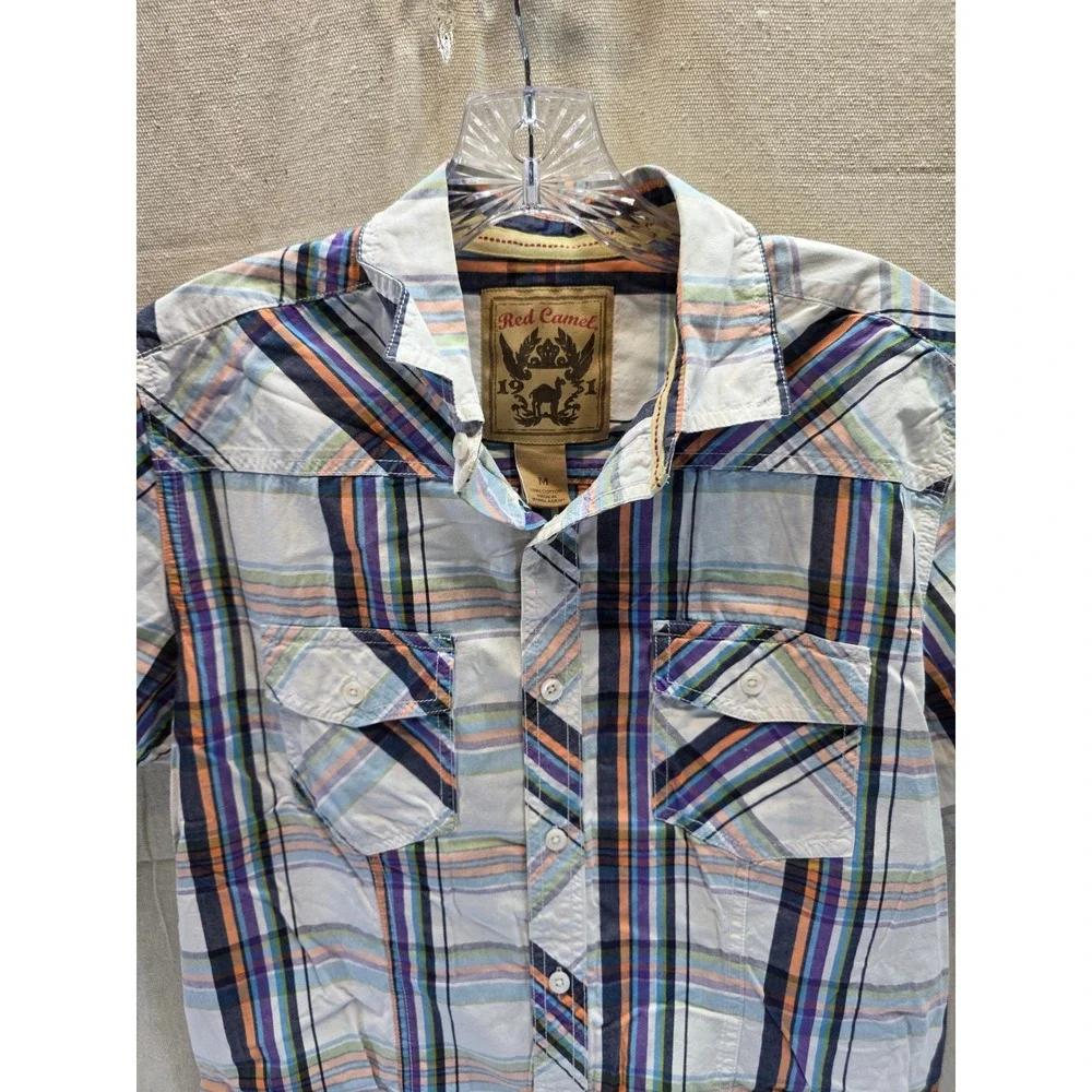 Red Camel Mens‎ Short Sleeve Plaid Button Down Shirt Multi-Color Cotton Size M